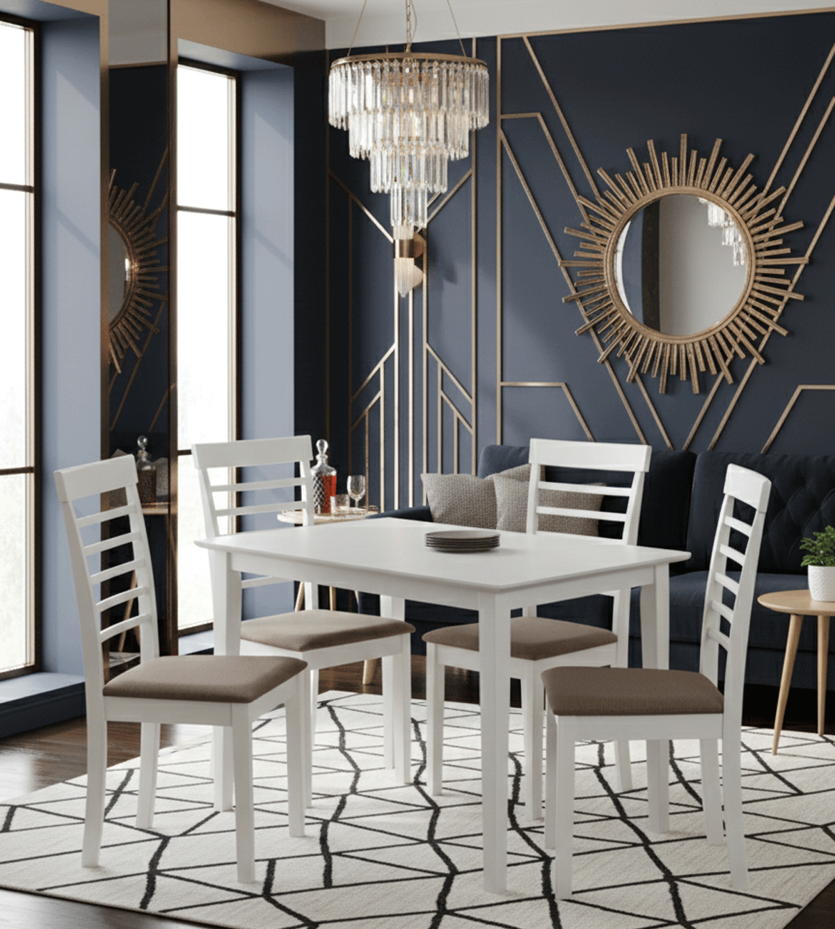 Set masa living si bucatarie Bali, MDF, 112x72x74 cm si 4 scaune Montreal, lemn masiv, tapiterie stofa, 100 kg, alb [2]