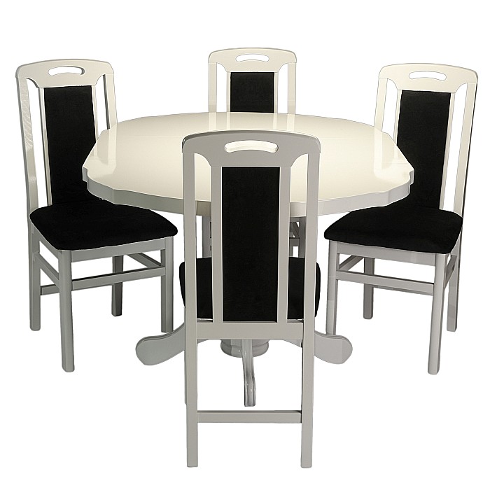 Set masa living si bucatarie extensibila SB Fan, MDF Furniruit, 100-133,5x99x74 cm si 4 scaune SB Tim, lemn masiv, tapiterie stofa, lacuit, 120 kg, alb/negru [2]