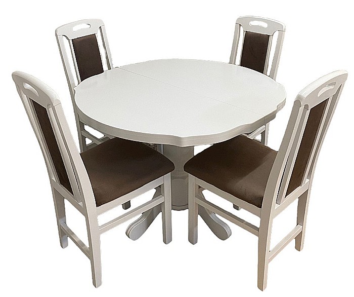 Set masa living si bucatarie extensibila SB Fan, MDF Furniruit, 100-133,5x99x74 cm si 4 scaune SB Tim, lemn masiv, tapiterie stofa, lacuit, 120 kg, alb/maro [4]