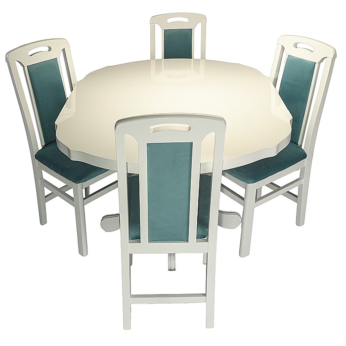 Set masa living si bucatarie extensibila SB Fan, MDF Furniruit, 100-133,5x99x74 cm si 4 scaune SB Tim, lemn masiv, tapiterie stofa, lacuit, 120 kg, alb/turcoaz [2]