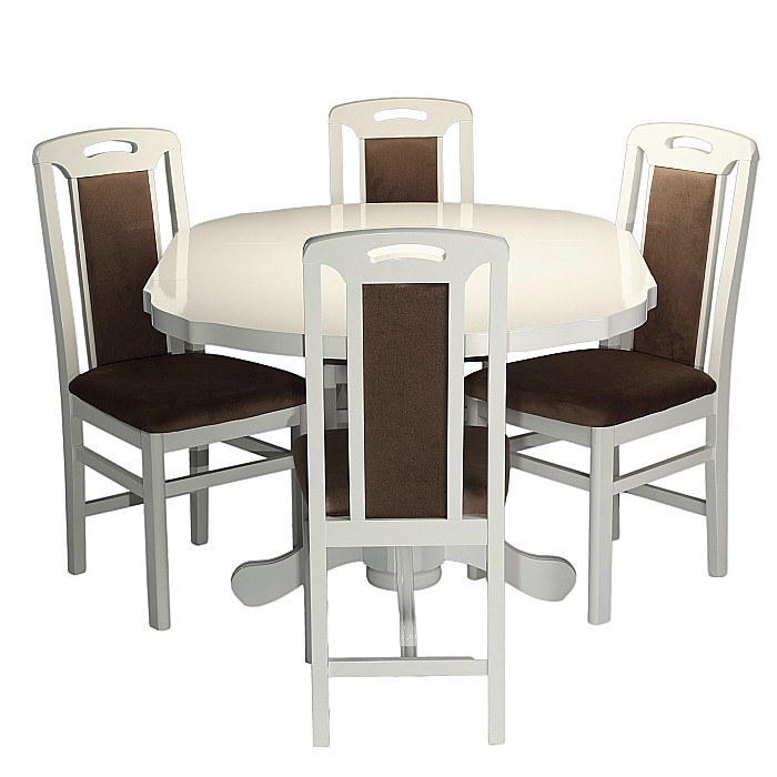 Set masa living si bucatarie extensibila SB Fan, MDF Furniruit, 100-133,5x99x74 cm si 4 scaune SB Tim, lemn masiv, tapiterie stofa, lacuit, 120 kg, alb/maro [3]