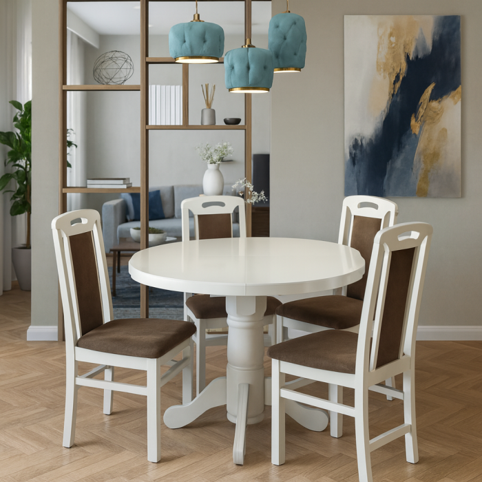 Set masa living si bucatarie extensibila SB Fan, MDF Furniruit, 100-133,5x99x74 cm si 4 scaune SB Tim, lemn masiv, tapiterie stofa, lacuit, 120 kg, alb/maro [1]