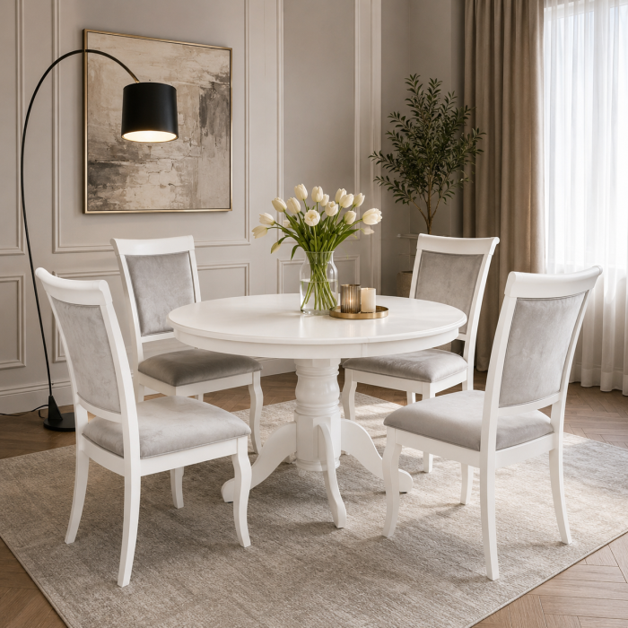 Set masa living si bucatarie KL Livia, MDF Furniruit, structura lemn masiv si 4 scaune AB Albert, stofa,120 kg, 96x42x40 cm, alb/gri [2]