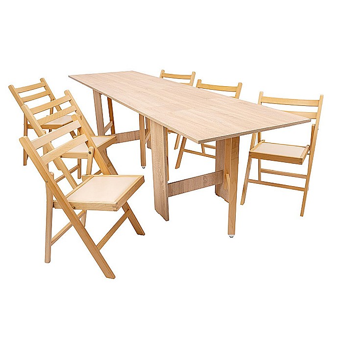 Set masa plianta 12 persoane, Pal Melaminat, insertii lemn masiv, 274x75x78 cm si 6 scaune pliante, tapiterie piele ecologica, stejar sonoma [1]