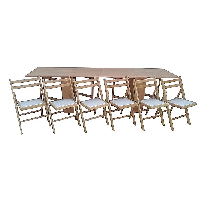 Set masa plianta 12 persoane, Pal Melaminat, insertii lemn masiv, 274x75x78 cm si 6 scaune pliante, tapiterie piele ecologica, fag [2]