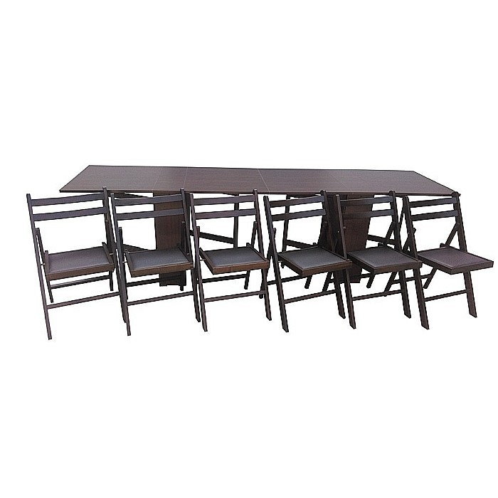 Set masa plianta 12 persoane, Pal Melaminat, insertii lemn masiv, 274x75x78 cm si 6 scaune pliante, tapiterie piele ecologica, nuc [1]