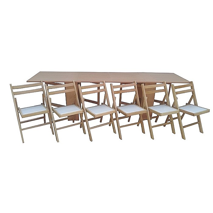 Set masa plianta 12 persoane, Pal Melaminat, insertii lemn masiv, 274x75x78 cm si 6 scaune pliante, tapiterie piele ecologica, cires [1]
