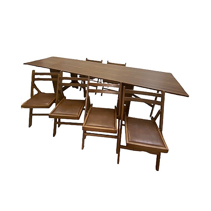 Set masa plianta 12 persoane, Pal Melaminat, insertii lemn masiv, 274x75x78 cm si 6 scaune pliante, tapiterie piele ecologica, nuc [3]
