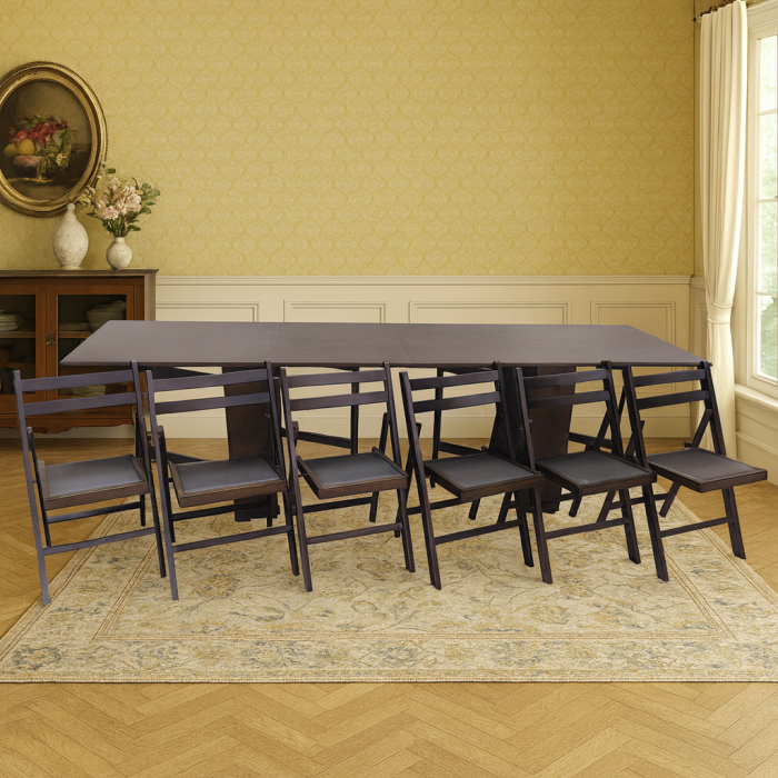 Set masa plianta 12 persoane, Pal Melaminat, insertii lemn masiv, 274x75x78 cm si 6 scaune pliante, tapiterie piele ecologica, wenge [1]