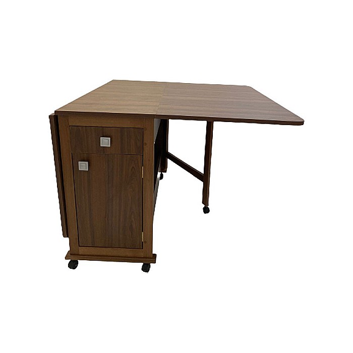 Set masa plianta cu spatiu depozitare, usa si sertar, Pal Melaminat, 160x96x80 cm si 6 scaune pliante lemn, tapitate cu piele ecologica, nuc [5]