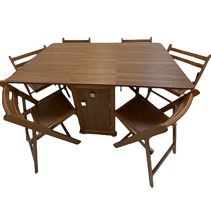 Set masa plianta cu spatiu depozitare, usa si sertar, Pal Melaminat, 160x96x80 cm si 6 scaune pliante lemn, tapitate cu piele ecologica, cires [1]