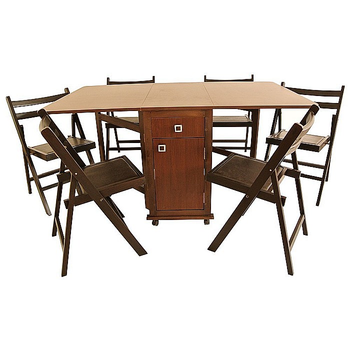 Set masa plianta cu spatiu depozitare, usa si sertar, Pal Melaminat, 160x96x80 cm si 6 scaune pliante lemn, tapitate cu piele ecologica, nuc [1]