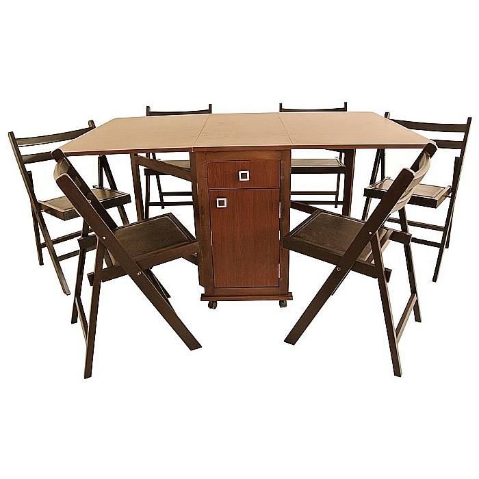 Set masa plianta cu spatiu depozitare, usa si sertar, Pal Melaminat, 160x96x80 cm si 6 scaune pliante lemn, tapitate cu piele ecologica, cires [1]