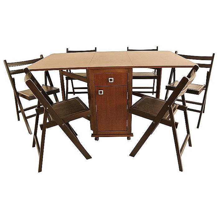 Set masa plianta cu spatiu depozitare, usa si sertar, Pal Melaminat, 160x96x80 cm si 6 scaune pliante lemn, tapitate cu piele ecologica, wenge [2]
