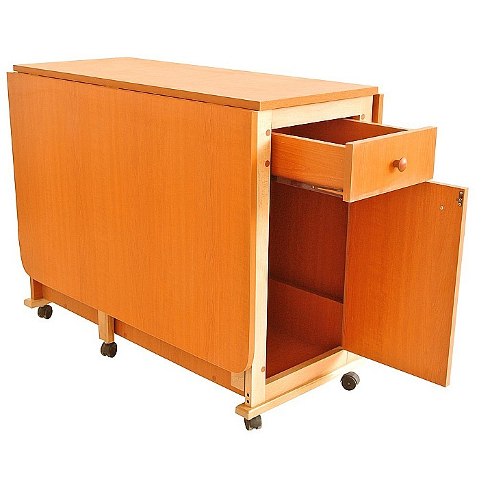 Set masa plianta cu spatiu depozitare, usa si sertar, Pal Melaminat, 160x96x80 cm si 6 scaune pliante lemn, tapitate cu piele ecologica, cires [5]