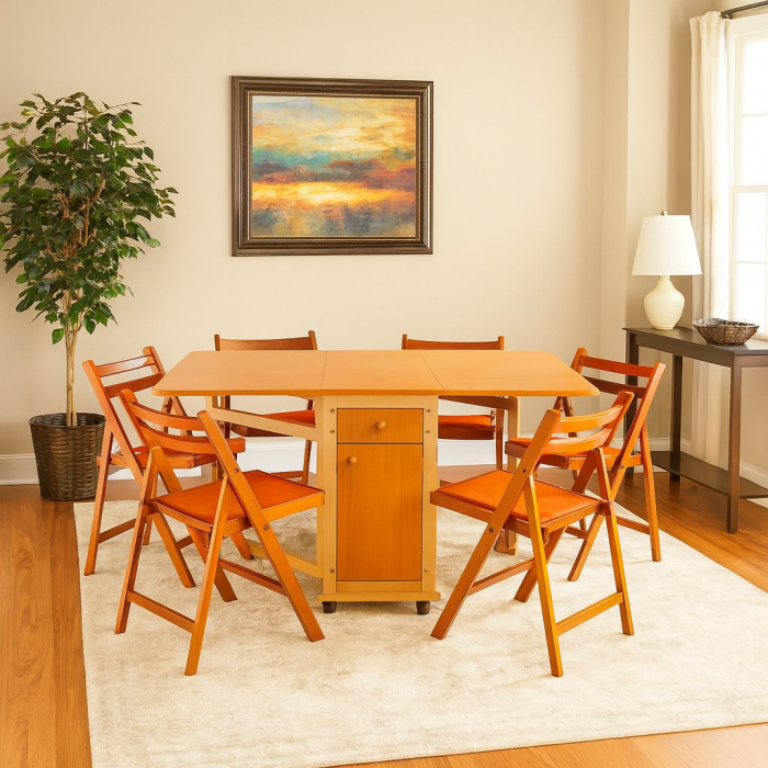 Set masa plianta cu spatiu depozitare, usa si sertar, Pal Melaminat, 160x96x80 cm si 6 scaune pliante lemn, tapitate cu piele ecologica, cires [1]