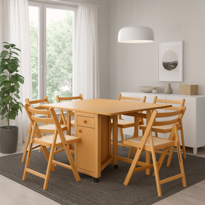 Set masa plianta cu spatiu depozitare, usa si sertar, Pal Melaminat, 160x96x80 cm si 6 scaune pliante lemn, tapitate cu piele ecologica, fag [1]