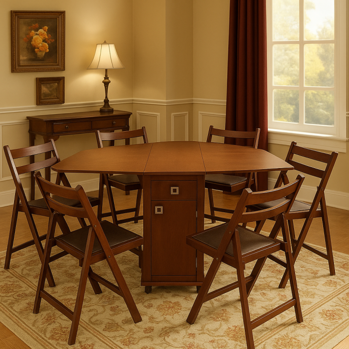 Set masa plianta cu spatiu depozitare, usa si sertar, Pal Melaminat, 160x96x80 cm si 6 scaune pliante lemn, tapitate cu piele ecologica, wenge [1]
