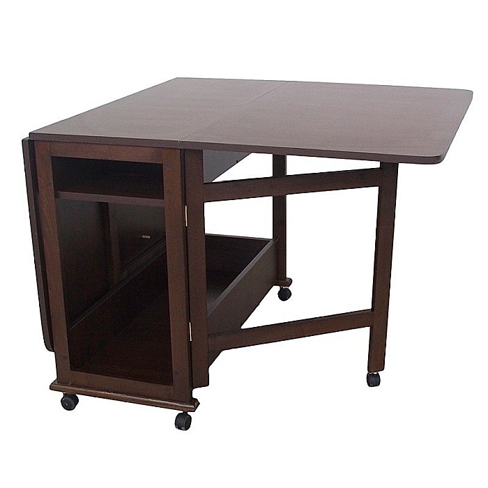 Set masa plianta cu spatiu depozitare Util, pentru living si bucatarie, PAL, structura lemn masiv, cu role, 160x96x80 cm si 6 scaune pliante, tapitate, piele ecologica, wenge [6]