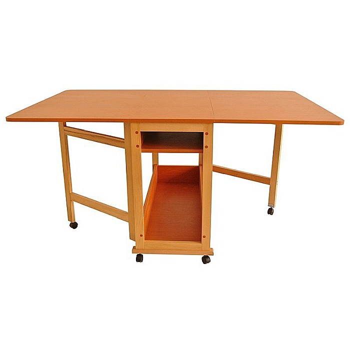 Set masa plianta cu spatiu depozitare Util, pentru living si bucatarie, PAL, structura lemn masiv, cu role, 160x96x80 cm si 6 scaune pliante, tapitate, piele ecologica, cires [3]