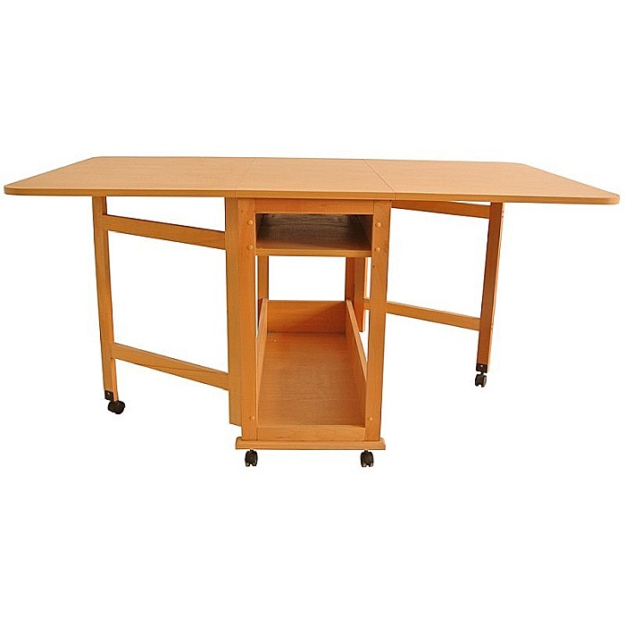 Set masa plianta cu spatiu depozitare Util, pentru living si bucatarie, PAL, structura lemn masiv, cu role, 160x96x80 cm si 6 scaune pliante, tapitate, piele ecologica, fag [3]