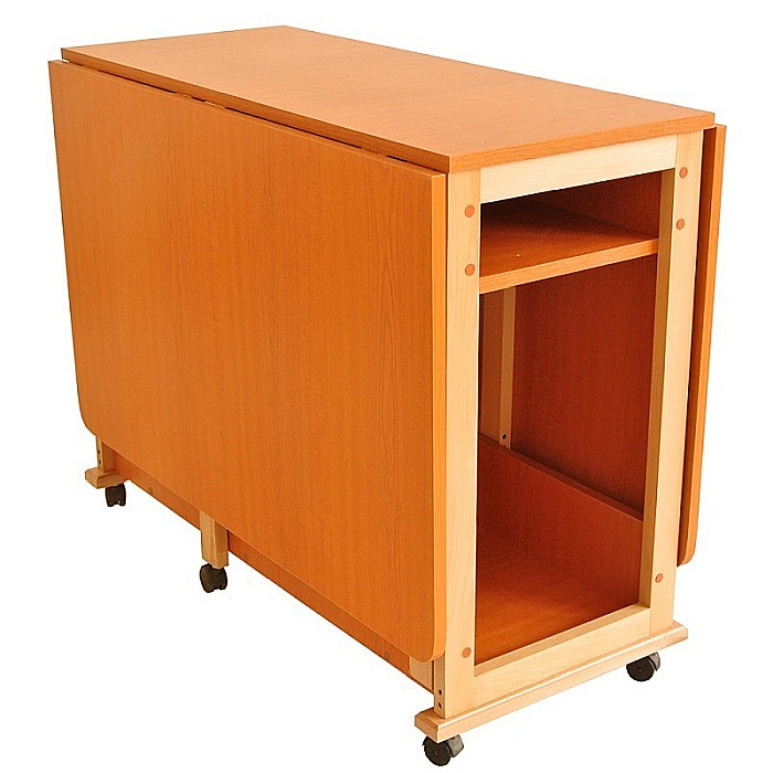 Set masa plianta cu spatiu depozitare Util, pentru living si bucatarie, PAL, structura lemn masiv, cu role, 160x96x80 cm si 6 scaune pliante, tapitate, piele ecologica, cires [4]