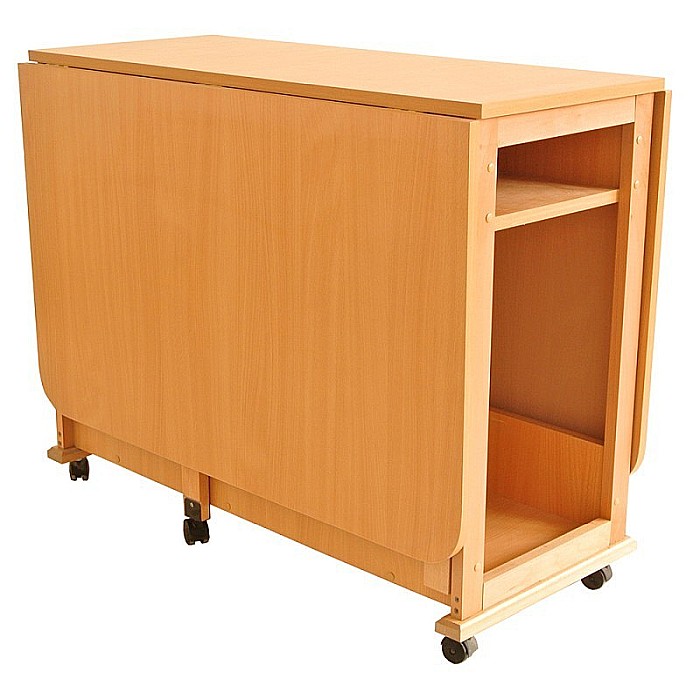 Set masa plianta cu spatiu depozitare Util, pentru living si bucatarie, PAL, structura lemn masiv, cu role, 160x96x80 cm si 6 scaune pliante, tapitate, piele ecologica, fag [4]