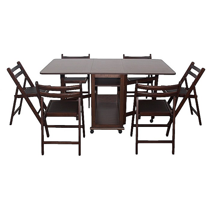 Set masa plianta cu spatiu depozitare Util, pentru living si bucatarie, PAL, structura lemn masiv, cu role, 160x96x80 cm si 6 scaune pliante, tapitate, piele ecologica, wenge [2]