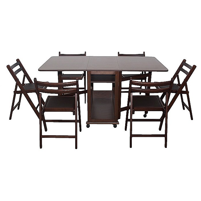 Set masa plianta cu spatiu depozitare Util, pentru living si bucatarie, PAL, structura lemn masiv, cu role, 160x96x80 cm si 6 scaune pliante, tapitate, piele ecologica, nuc [1]