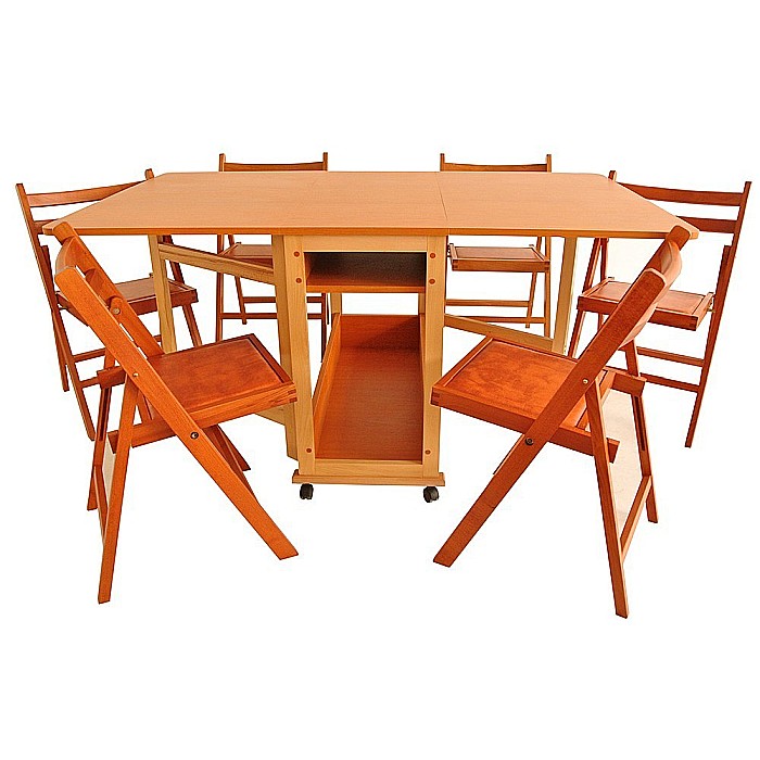 Set masa plianta cu spatiu depozitare Util, pentru living si bucatarie, PAL, structura lemn masiv, cu role, 160x96x80 cm si 6 scaune pliante, tapitate, piele ecologica, cires [2]