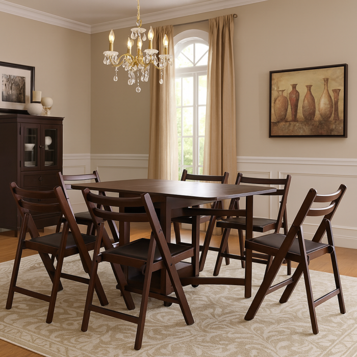 Set masa plianta cu spatiu depozitare Util, pentru living si bucatarie, PAL, structura lemn masiv, cu role, 160x96x80 cm si 6 scaune pliante, tapitate, piele ecologica, wenge [1]