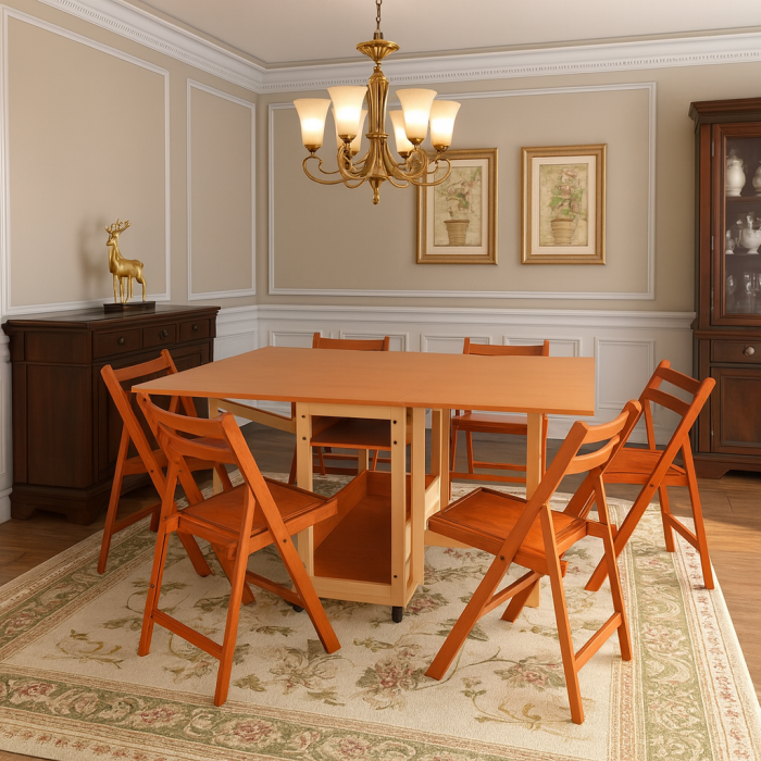 Set masa plianta cu spatiu depozitare Util, pentru living si bucatarie, PAL, structura lemn masiv, cu role, 160x96x80 cm si 6 scaune pliante, tapitate, piele ecologica, cires [1]