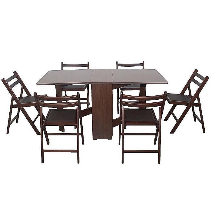 Set masa plianta MD1, bucatarie si living, Pal Melaminat, colturi rotunjite, 6 persoane, 160x80x75 cm si 6 scaune pliante lemn, tapitate cu piele ecologica, wenge [1]