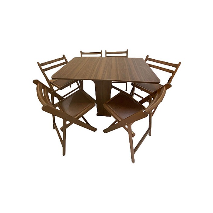Set masa plianta Practic, bucatarie si living, Pal Melaminat, insertii lemn masiv, colturi rotunjite, 120x74x75 cm si 6 scaune pliante, tapitate, piele ecologica, nuc [2]