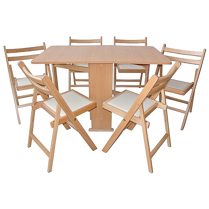 Set masa plianta Practic, bucatarie si living, Pal Melaminat, insertii lemn masiv, colturi rotunjite, 120x74x75 cm si 6 scaune pliante, tapitate, piele ecologica, cires [1]