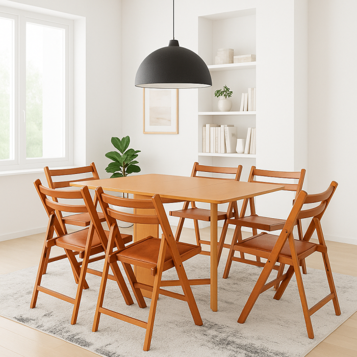 Set masa plianta Practic, bucatarie si living, Pal Melaminat, insertii lemn masiv, colturi rotunjite, 120x74x75 cm si 6 scaune pliante, tapitate, piele ecologica, cires [1]