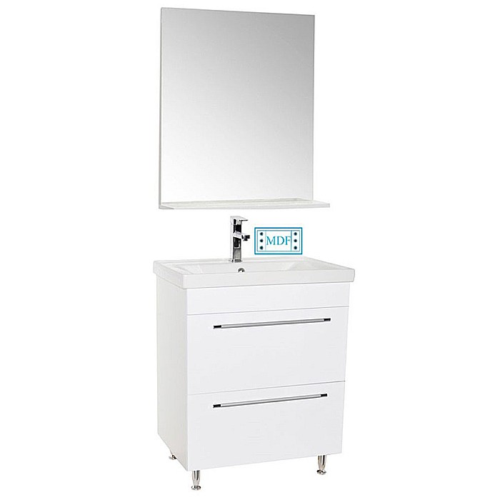 Set mobilier baie cu lavoar ceramic, GN0541, front MDF, 2 sertare, 60 cm, picioare cromate reglabile si oglinda baie cu polita GN0551, dreptunghiulara, PAL, alb [1]