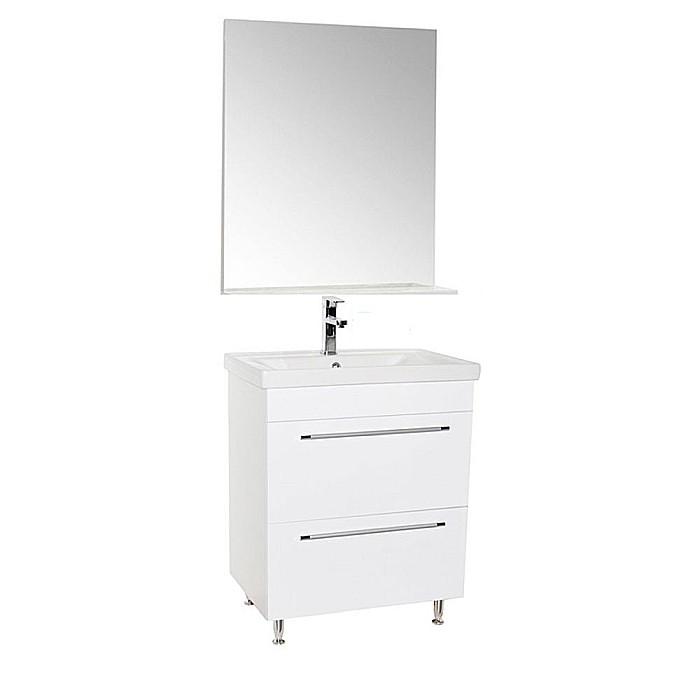 Set mobilier baie cu lavoar ceramic, GN0541, front MDF, 2 sertare, 60 cm, picioare cromate reglabile si oglinda baie cu polita GN0551, dreptunghiulara, PAL, alb [5]