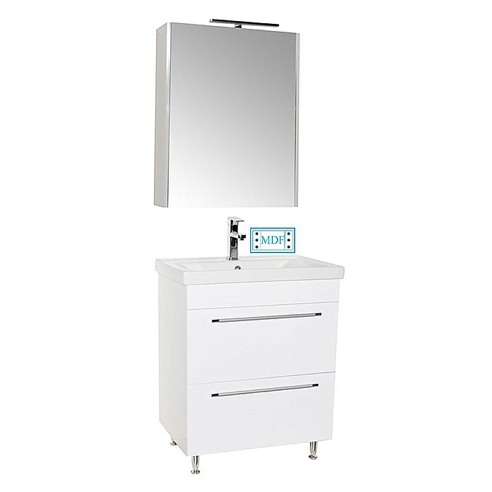 Set mobilier baie cu lavoar ceramic, GN0541, front MDF, 2 sertare, 60 cm, picioare cromate reglabile si dulap cu oglinda GN5011, MDF, iluminare led, cu usa, 3 rafturi, soft close, alb [1]
