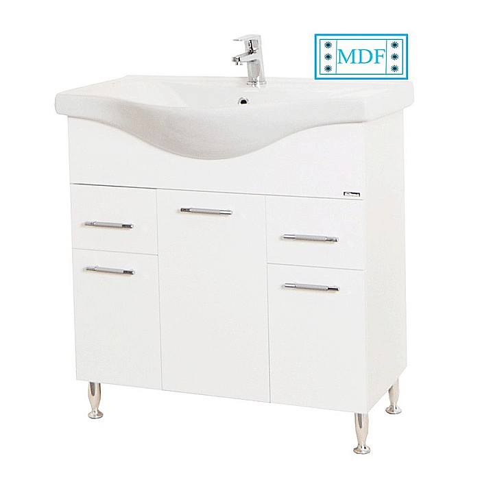 Baza si lavoar ceramic GN1531, mobilier baie stativ 80 cm, front MDF, 3 usi, 2 sertare, balamale soft close, picioare cromate reglabile, alb [1]