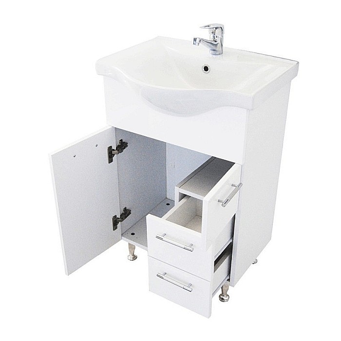 Set mobilier baie cu lavoar ceramic GN1531, front MDF, 55 cm, 2 usi, 2 sertare, picioare cromate reglabile, balamale soft close si oglinda cu dulap GN0201, dreptunghiulara, PAL, iluminare led, alb [3]