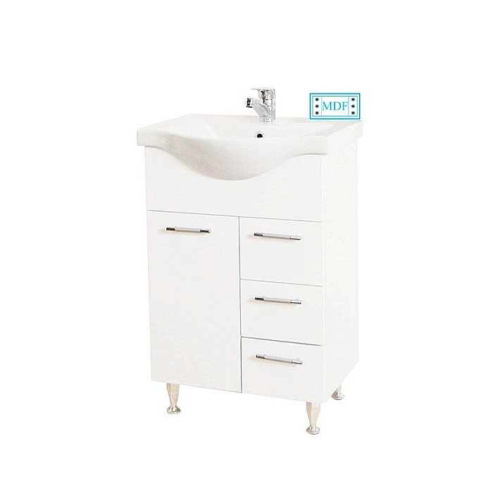 Set mobilier baie cu lavoar ceramic GN1531, front MDF, 55 cm, 2 usi, 2 sertare, picioare cromate reglabile, balamale soft close si oglinda cu dulap GN0201, dreptunghiulara, PAL, iluminare led, alb [2]