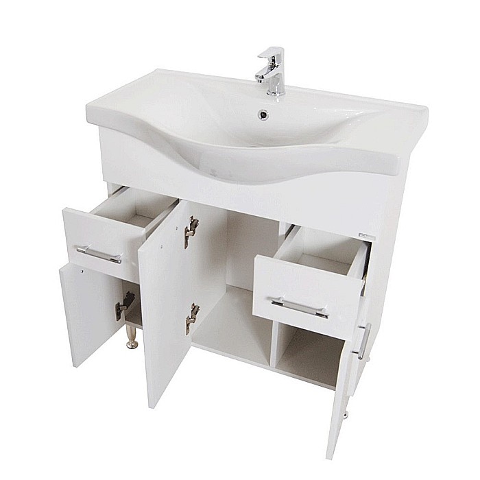 Baza si lavoar ceramic GN1531, mobilier baie stativ 80 cm, front MDF, 3 usi, 2 sertare, balamale soft close, picioare cromate reglabile, alb [2]