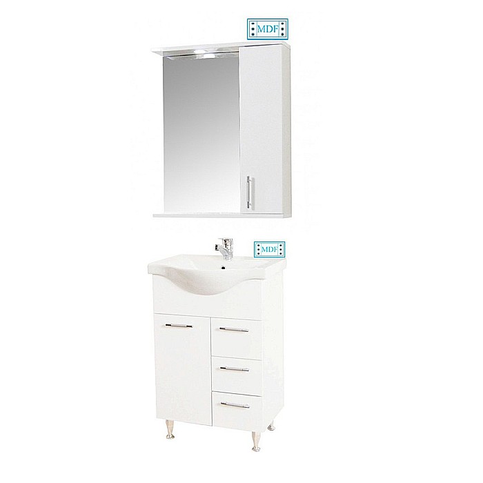 Set mobilier baie cu lavoar ceramic GN1531, front MDF, 55 cm, 2 usi, 2 sertare, picioare cromate reglabile, balamale soft close si oglinda cu dulap GN0201, dreptunghiulara, PAL, iluminare led, alb [1]