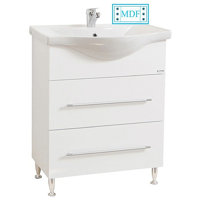 Set mobilier baie cu lavoar ceramic, GN1871, front MDF, un sertar, o usa, 65 cm, picioare cromate reglabile, manere cromate si oglinda cu dulap GN0001, PAL, iluminare led, 2 rafturi, alb [2]