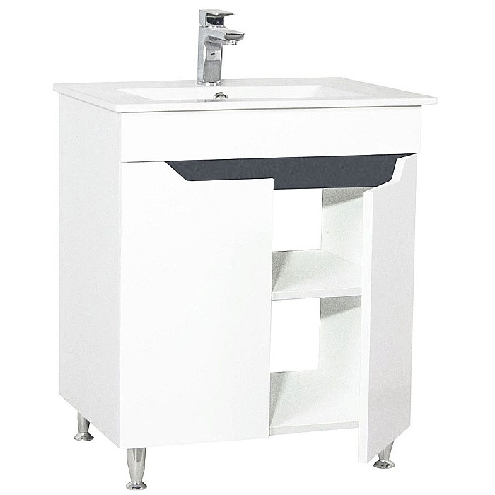 Baza si lavoar ceramic GN0561, mobilier baie stativ 70 cm, front MDF, 2 usi, picioare cromate reglabile, alb/antracit [3]