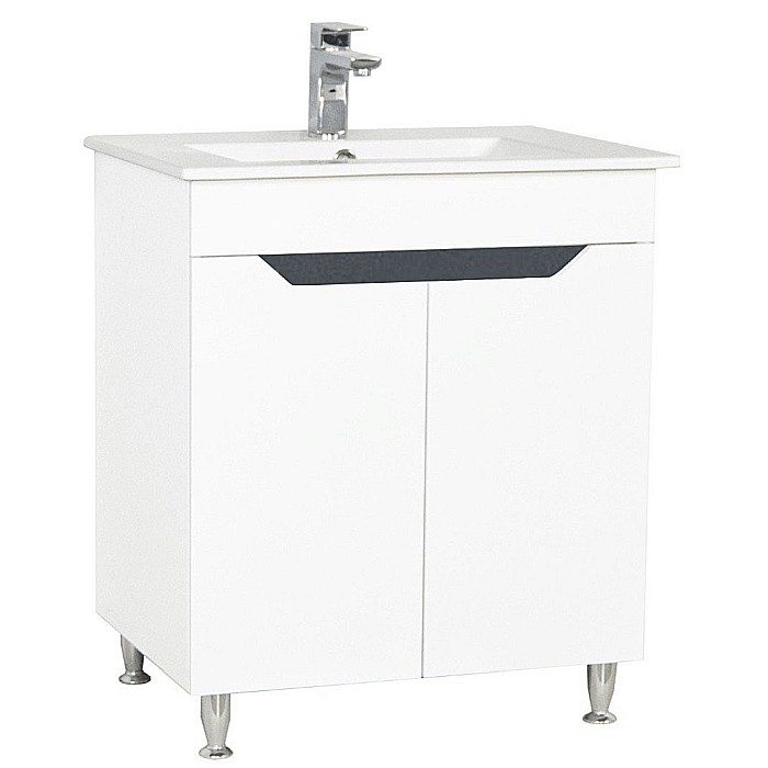 Baza si lavoar ceramic GN0561, mobilier baie stativ 70 cm, front MDF, 2 usi, picioare cromate reglabile, alb/antracit [1]
