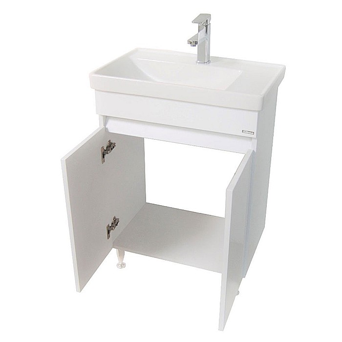 Baza si lavoar ceramic GN2861, mobilier baie stativ 60 cm, front MDF, 2 usi, 2 rafturi, picioare cromate reglabile, alb [2]