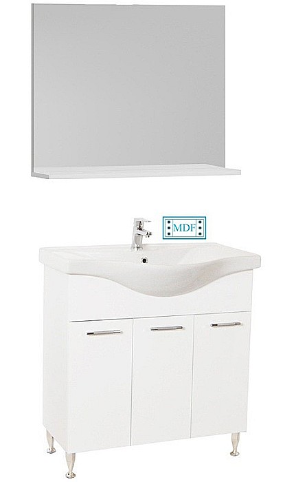 Set mobilier baie cu lavoar GN1531, front MDF cu lavoar ceramic, 80 cm, 3 usi, picioare reglabile cromate, balamale soft close si oglinda baie cu polita GN0551, dreptunghiulara, PAL, alb [1]