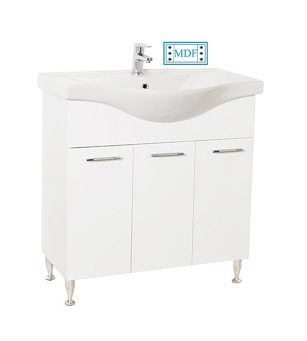 Set mobilier baie cu lavoar GN1531, front MDF cu lavoar ceramic, 80 cm, 3 usi, picioare reglabile cromate, balamale soft close si dulap cu oglinda Celine, PAL, iluminare led, alb [5]